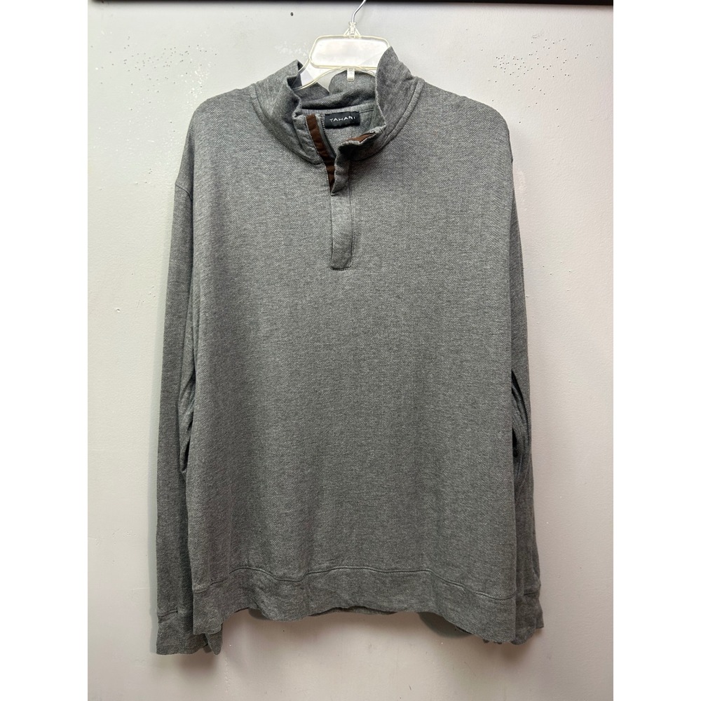 Tahari Pullover Mens XXL Gray Herringbone Quarter Zip Long Sleeve Mock Neck